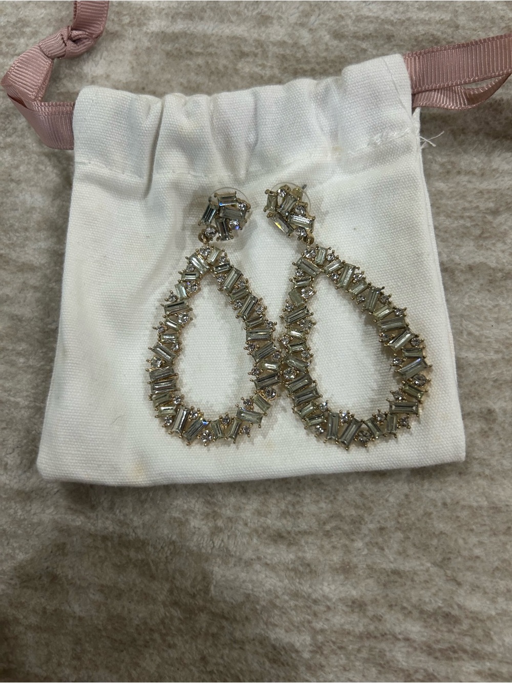 Teardrop Baguette Crystal Drop Earrings in Gold Trim
